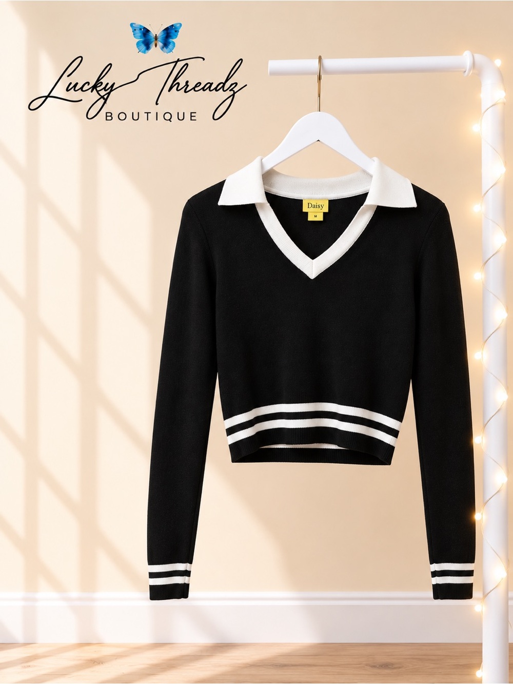 Preppy Tennis Collared Cropped V Neck Sweater Black White Med
